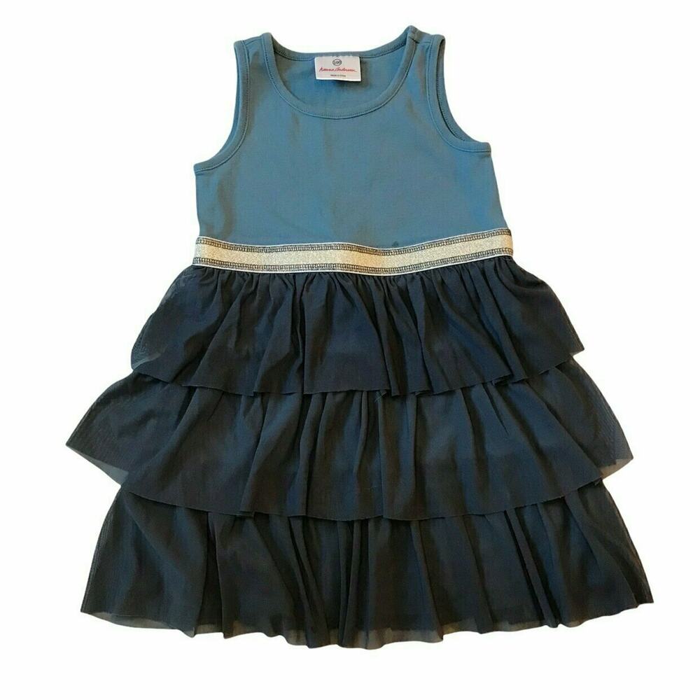 Hanna Andersson Blue Tiered Ruffle Dress with Metallic Waistband - Kids